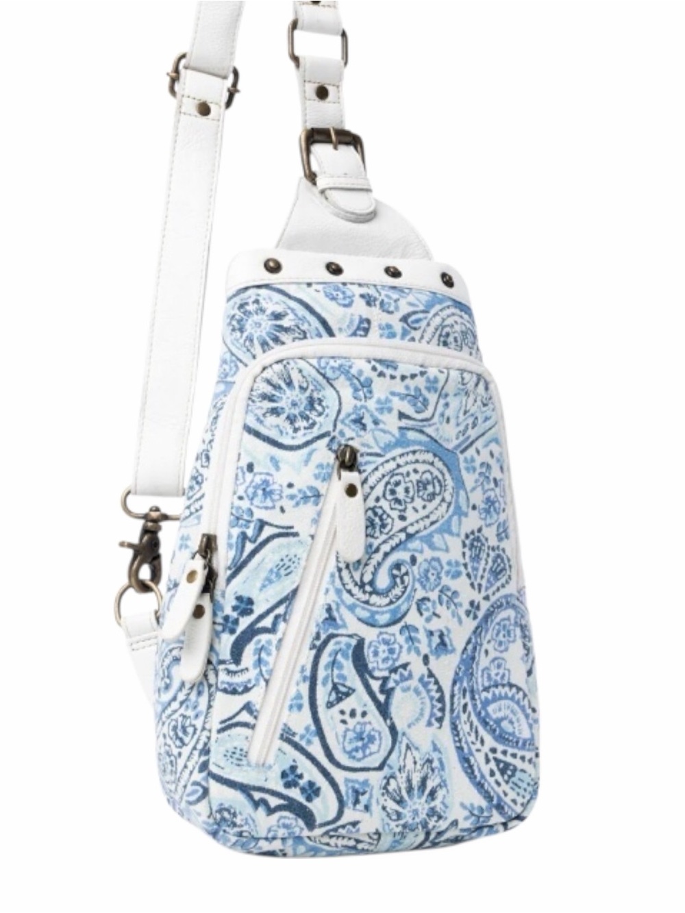 Myra My Shade of Blue Sling Bag White Leather Paisley Crossbody Backpack NWT